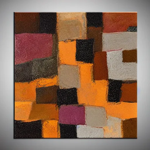 Image similar to masterpiece abstract painting of hundreds of detailed highly layered three - quarter angle rocky square shapes in rich earthy tones. abstract quality with an mathematical quality.