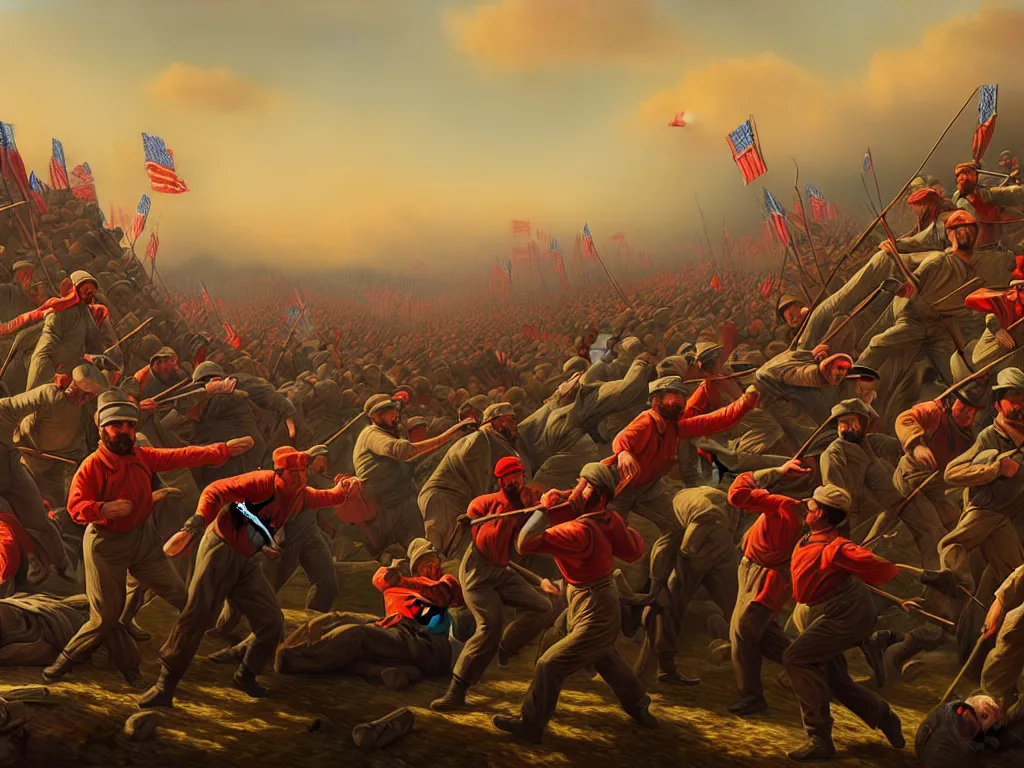 Image similar to landscape painting of the proletariat taking over the means of production in the united states, digital painting, movement, victory, loss, highly detailed, 4 k, art by miguel alandia pantoja