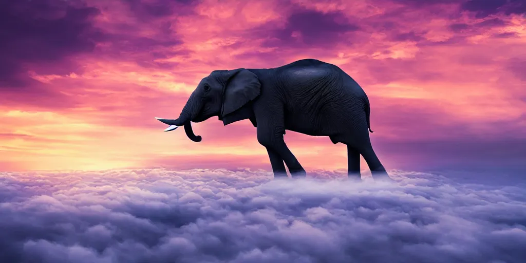 Image similar to an elephant flying over the clouds, sunset, moody, anime, cyberpunk