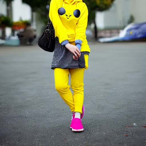 Image similar to an asian girl wearing a bright yellow hoodie with pikachu ears, full body shot,