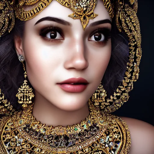 Image similar to portrait of pretty princess with perfect skin, glowing, ornate and intricate diamond jewelry, jaw dropping beauty, ornate and intricate backdrop, white accent lighting, hyper detailed, 4 k octane render