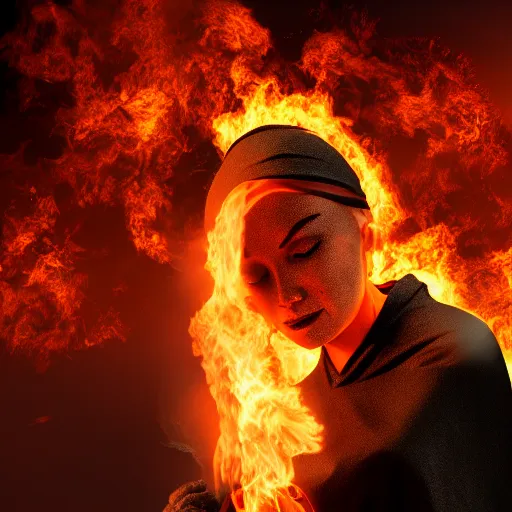 Prompt: a nun burning in flames, 8k , rtx, hdr, fantasy artwork, masterpiece, digital render, sharp focus