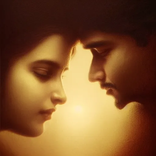 Image similar to perfectly - centered movie promotional poster - photograph of a young indian guy and a beautiful girl side profile faces symmetrical ; real life portrait by beksinski and jean delville, romantic theme, two lovers sharing one heart, unreal engine 5, photorealism, hd quality, 8 k resolution, cinema 4 d, hdr dramatic lighting ; symmetrical, cinematic, high coherence