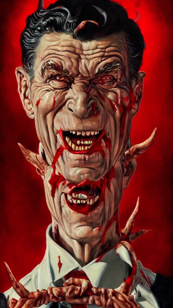 Prompt: demonic ronald regan with red horns, painting in the style of norman rockwell, 1 9 5 0 s, evil, satan, devil, demonic, demon, hyperrealistic, photorealistic, award - winning, 4 k, ultra hd, artstation, intricate, highly detailed, american, usa, dark, gritty