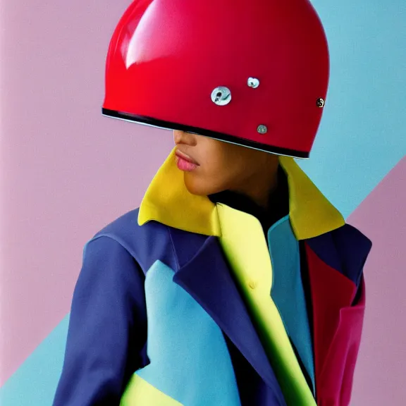 Image similar to model in motorcycle helmet wearing baggy colorful 9 0 s jacket by rick owens. magazine ad. geometric pastel background.