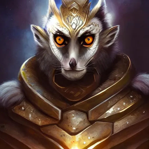 Image similar to male lemur in dragon knight armor, sun in the background, intricate, elegant, fantasy, highly detailed, digital painting, artstation, concept art, smooth, sharp focus, illustration, art by artgerm