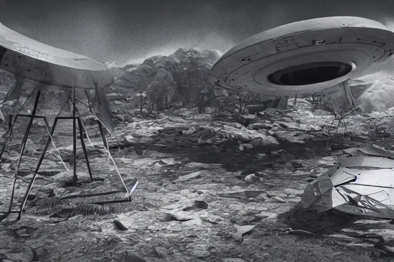 Image similar to leaked top secret footage of an ufo crash site, vintage old shot with an old camera, intricate details, eerie, highly detailed, photorealistic, octane render, 8 k, unreal engine.