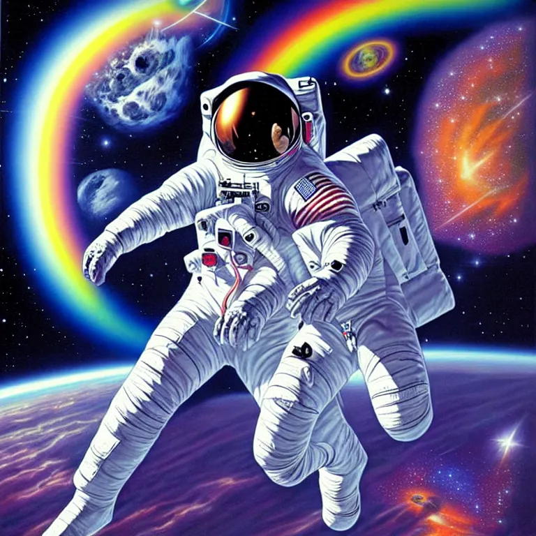 Image similar to astronaut at the rainbow bridge. paul gulacy. philip caza. artgerm.