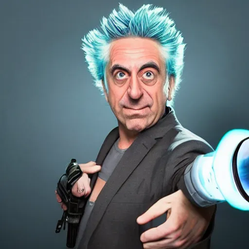 Image similar to Rick Sanchez as a real-life person, studio portrait, real-life-action movie star, holding a portal gun, opening a portal, Rick Sanchez