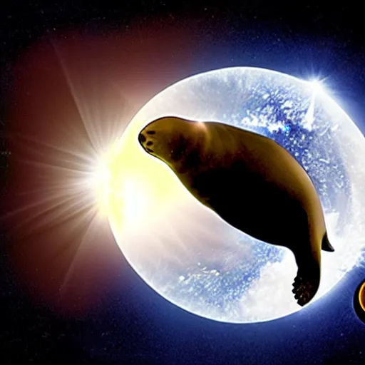 Image similar to a solar eclipse by a giant seal floating in space