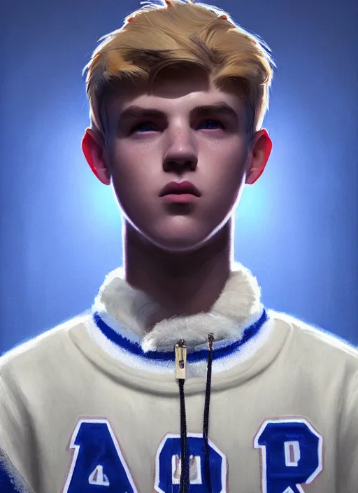 Image similar to portrait of high school senior boy named big moose, blonde short hair, jock, beefy, wide face, square jaw, square facial structure, blue varsity jacket with letter r, intricate, elegant, glowing lights, highly detailed, digital painting, artstation, concept art, sharp focus, illustration, art by wlop, mars ravelo and greg rutkowski