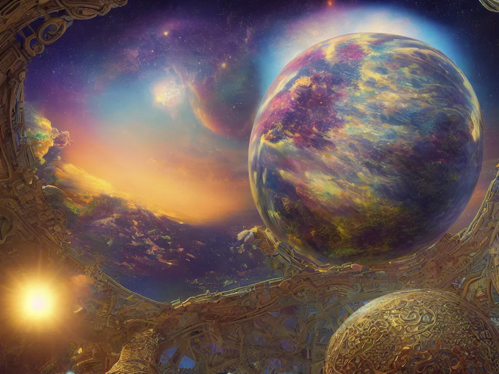 Prompt: The universe is a spheroid region 705 meters in diameter, 3d render, Sunlight Study, by Martin Johnson Heade and ((((Lisa Frank)))), Art Nouveau, 8k, extreme detail, sharp focus, octane render