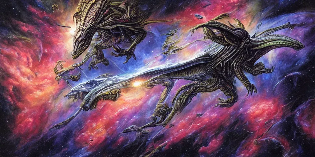 Prompt: alien dragons flying through outer space, epic nebula, asteroid belt, dan seagrave art