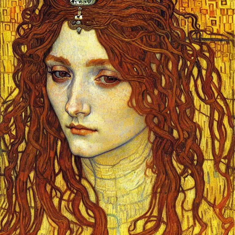 Image similar to detailed realistic beautiful young medieval queen face portrait by jean delville, gustav klimt and vincent van gogh, art nouveau, symbolist, visionary, gothic, pre - raphaelite, muted earthy colors, desaturated