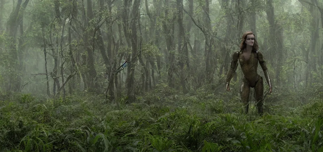 Image similar to a complex organic fractal 3 d metallic symbiotic ceramic humanoid megastructure emma watson in a swampy lush forest, foggy, cinematic shot, photo still from movie by denis villeneuve