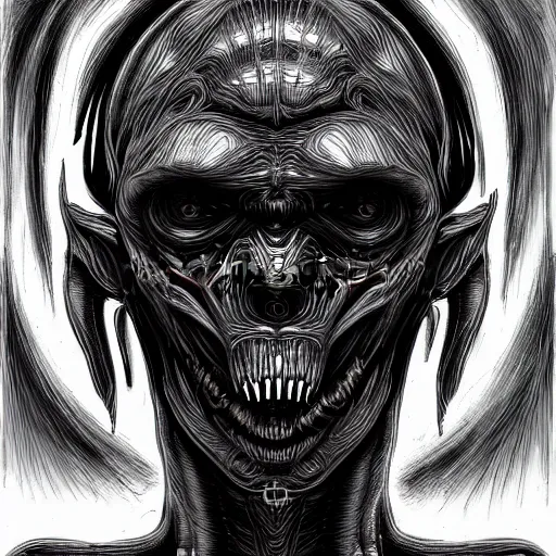 Image similar to a dark humanoid, hyper detailed, in the style of h. r. giger and and h. r. giger and h. r. giger, selfie