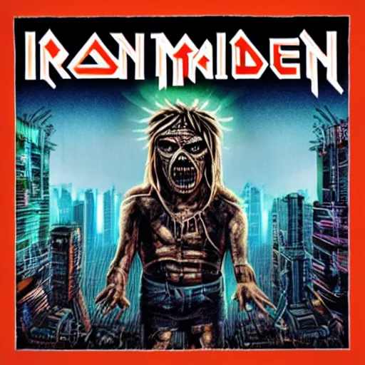 Image similar to Iron Maiden album cover cyberpunk Eddie city streets dystopian night time Street lights