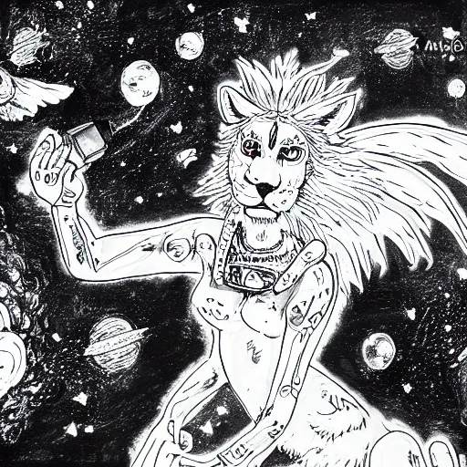 Prompt: lioness with wings in outer space, ink on paper, 8k high quality detailed art, trending on art station, manga art, by Eiichiro Oda