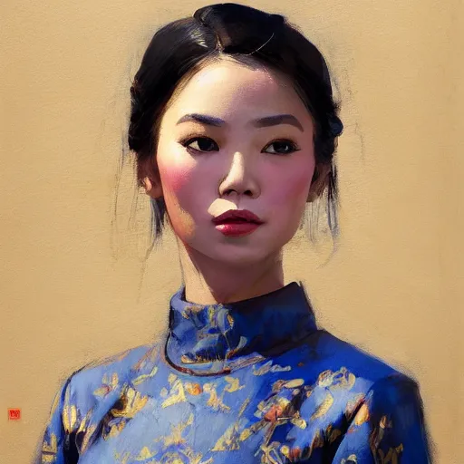 Prompt: greg manchess portrait painting of vietnamese princess, medium shot, asymmetrical, profile picture, organic painting, sunny day, matte painting, bold shapes, hard edges, street art, trending on artstation, by huang guangjian and ail elvgren and sachin teng