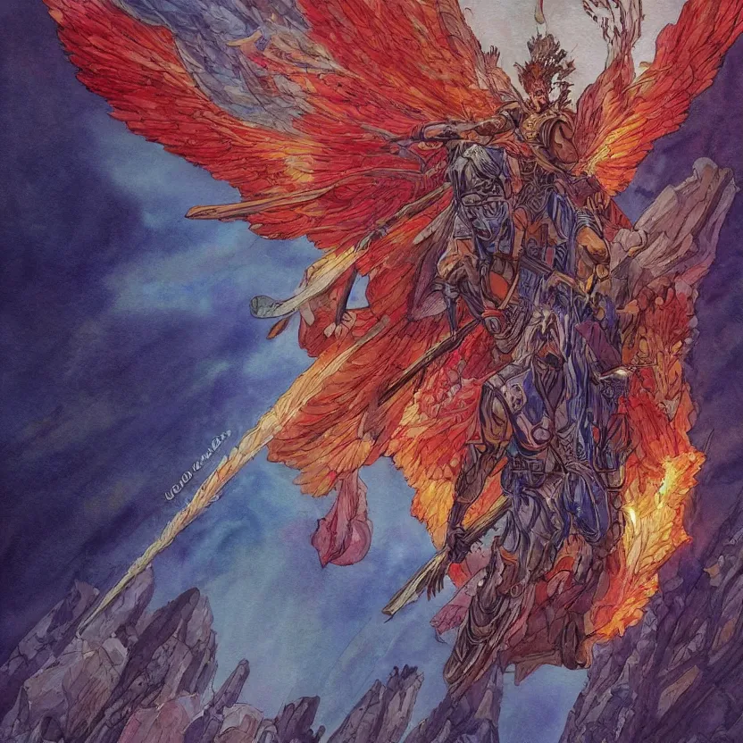 Image similar to a watercolor painting of a archangel with a broken halo wielding a jagged fiery blade flying over a city in the style of jean giraud in the style of moebius trending on artstation deviantart pinterest detailed realistic hd 8 k high resolution