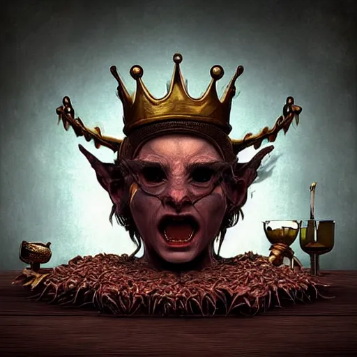 Prompt: ~ ~ a demon!!!!! with a crown!!!!! and white horns sitting on top of a table ~ ~, a character portrait by vladimir kush!, @ zbrush central # contest winner, fantasy art, @ zbrush, # dystopian art, # rococo