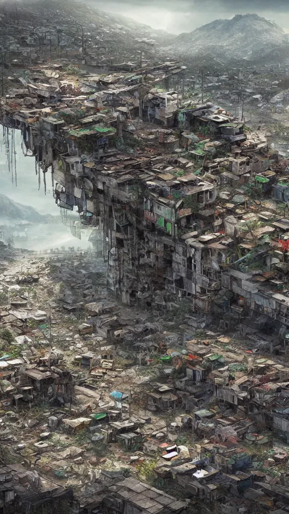 Image similar to a beautiful highly detailed matte painting of a huge derelict cargo favela by Jose Daniel Cabrera Pena and Leonid Kozienko, concept art