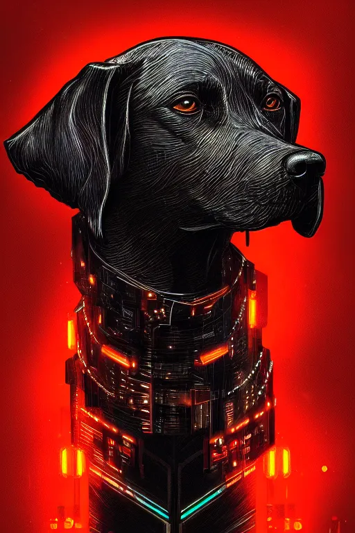 Image similar to a portrait of cyberpunk dog, grim - lighting, high - contrast, intricate, elegant, highly detailed, digital painting, artstation, concept art, smooth, sharp focus, illustration