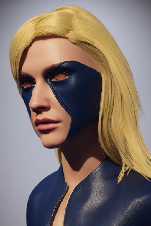 Image similar to beautiful blonde model, 2 arms, tight navy-blue leather outfit, full body and face and head, photorealistic, extreme detail, octane render, artstation, unreal engine