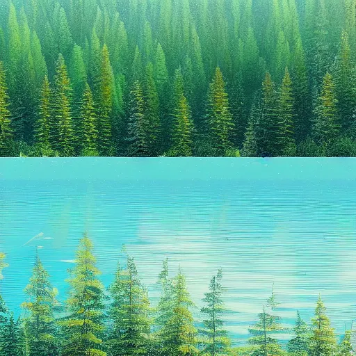 Prompt: lake of clear blue waters woodlot beside a cabin, felix Kelly, digital art, artstation