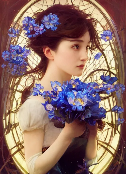 Image similar to portrait of cinderella, flowers, blue spike aura in motion, floating pieces, painted art by tsuyoshi nagano, greg rutkowski, artgerm, alphonse mucha, spike painting