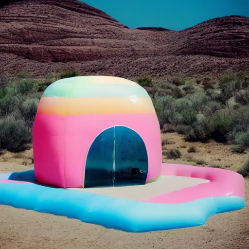 Image similar to a pastel colour high fidelity wide angle Polaroid art photo from a holiday album at a pink desert with abstract inflatable parachute furniture, all objects made of transparent iridescent Perspex and metallic silver, no people, iridescence, nostalgic