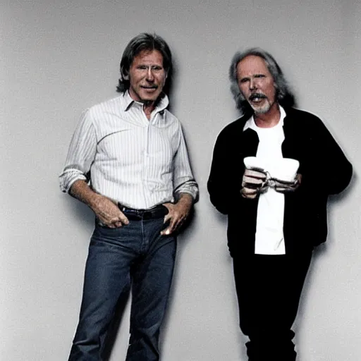 Image similar to harrison ford and john carpenter talking, 1 9 8 0 s photography