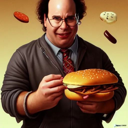 Image similar to portrait of a george Constanza eating a hamburger, extra onions and ketchup, luscious patty with sesame seeds, masculine, handsome, D&D, fantasy, intricate, elegant, highly detailed, digital painting, artstation, concept art, matte, sharp focus, illustration, art by Artgerm and Greg Rutkowski and Alphonse Mucha