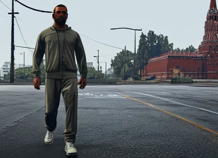 Image similar to cinematic screenshot gta 5, rain, lenin in adidas tracksuit, churches, buildings, road, moskvich, rtx reflections, gta vi, moscow, soviet apartment buildings, award winning, artstation, intricate details, realistic, hyperdetailed, 8 k resolution