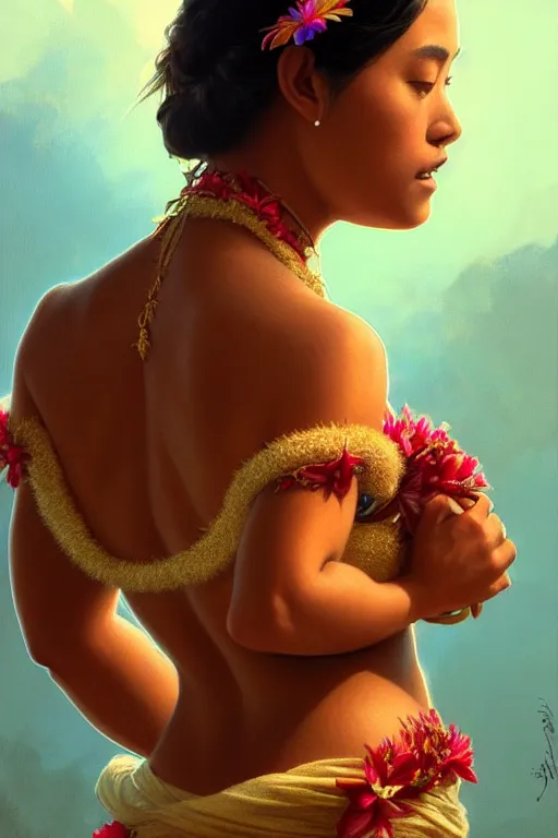 Image similar to body portrait of hawaiian princess wearing a lea, by terry o'neill intricate, elegant, highly detailed, digital painting, glistening skin, artstation, concept art, smooth, sharp focus, contrasting lighting, bright colors, dark background, illustration, art by artgerm and greg rutkowski and alphonse mucha, 8 k