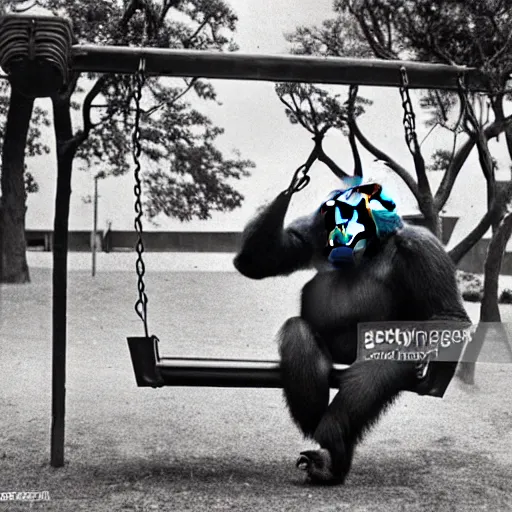 Prompt: 1 9 5 0's photo of gorilla sitting on swing in playground