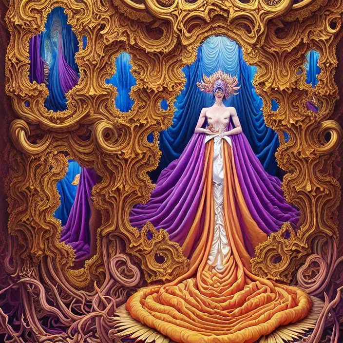 Image similar to beautiful oil painting, full length portrait of dauphinois in baroque coronation robes 1701, Dan Mumford, Dan Mumford, Alex grey, hyacinthe rigaurd, highly detailed , lsd visuals, dmt fractal patterns, hallucinogen, visionary art, psychedelic art, ornate, vaporwave, baroque, Greg rutkowski