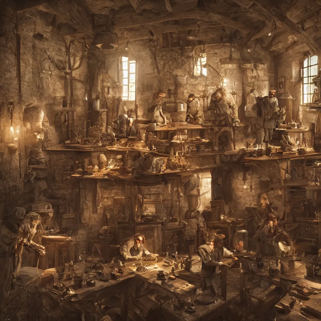 Prompt: a small group of three medieval craftsmen working inside a tiny medieval building, hypermaximalistic, high details, cinematic, 8k resolution, beautiful detailed, insanely intricate details, artstation trending, octane render, unreal engine