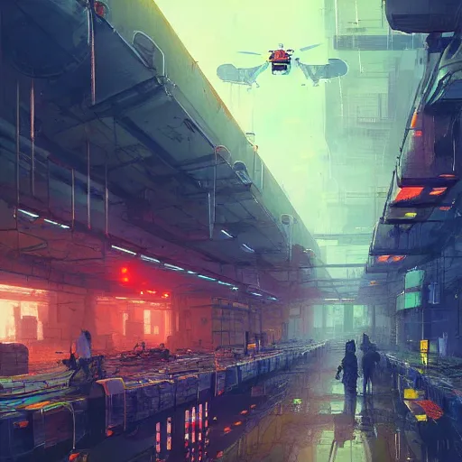 Image similar to concept art of a cyberpunk factory filled with drone workers, grimy, gritty, blade runner 2 0 4 9, trending on artstation, award winning painting, cgi, art by john berkey and anton fadeev and john howe and simon stalenhag