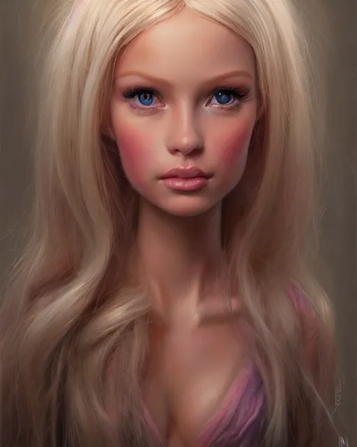 Prompt: human barbie portrait | highly detailed | very intricate | symmetrical | whimsical and magical | soft cinematic lighting | award - winning | closeup portrait | barbie doll | painted by donato giancola and mandy jurgens and charlie bowater | pastel color palette | featured on artstation