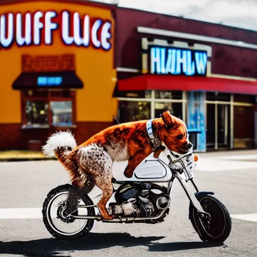 Image similar to blue heeler dog on a motorcycle, 8 k photography, blurred background of a wafflehouse