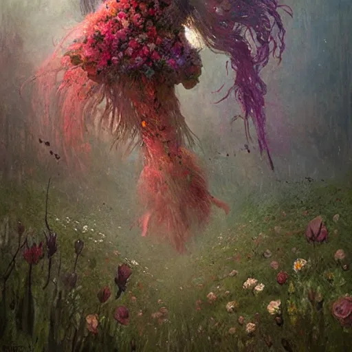 Image similar to a beautiful terrifying monster made of flowers. ethereal horror fantasy art by greg rutkowski and monet