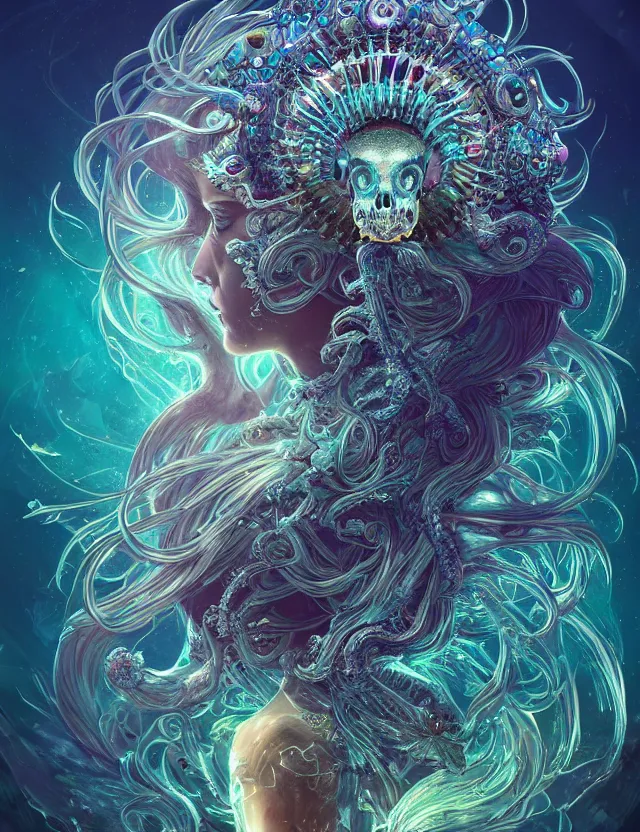 Image similar to goddess macro shouler portrait from bottom to top in crown made of ram skull. betta fish, jellyfish phoenix, bioluminiscent, plasma, ice, water, wind, creature, super intricate ornaments artwork by tooth wu and wlop and alena aenami and greg rutkowski