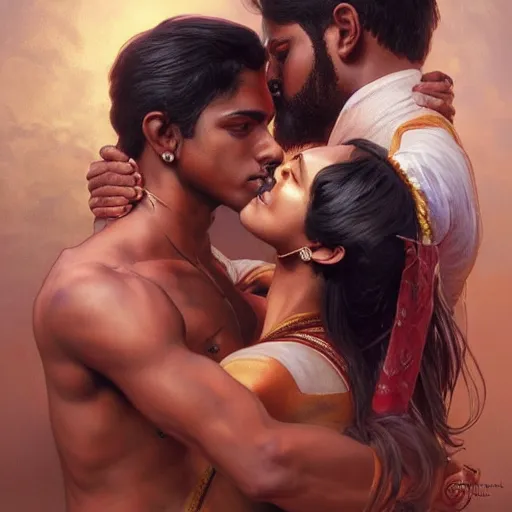 Image similar to portrait painting of dark muscular oiled indian couple kissing, ultra realistic, concept art, intricate details, eerie, highly detailed, photorealistic, octane render, 8 k, unreal engine. art by artgerm and greg rutkowski and alphonse mucha