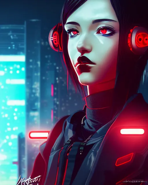 Image similar to a detailed potrait of a cyberpunk cyborg girl with black and red parts, fine - face, realistic shaded perfect face, detailed. night setting. very anime style. realistic shaded lighting poster by ilya kuvshinov katsuhiro, unreal engine, global illumination, radiant light, detailed and intricate environment