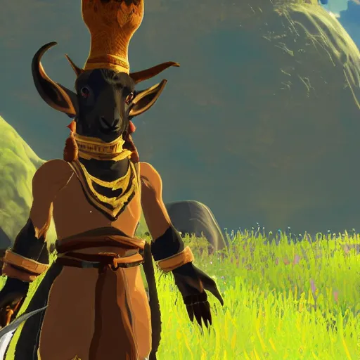 Image similar to a humanoid black goat wizard in breath of the wild, screenshot, sharp, uhd 4 k