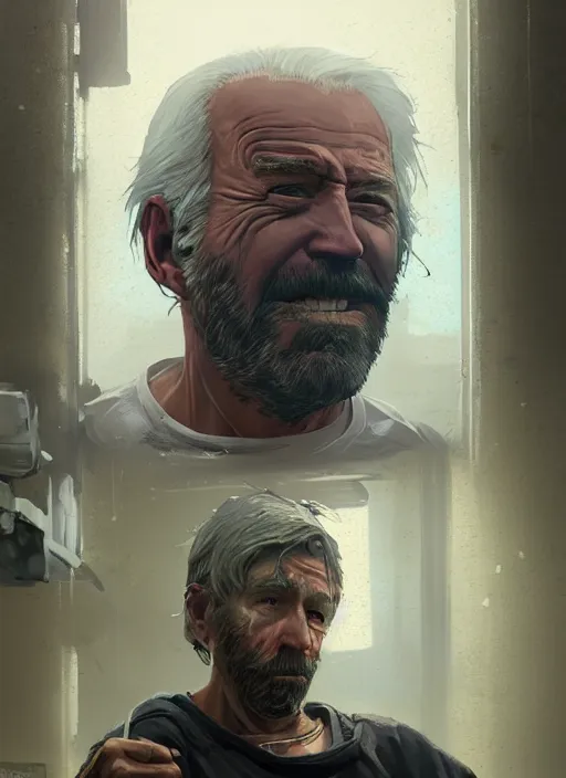 Image similar to Highly detailed portrait of homeless and beaten up Joe Biden, in GTA V, Stephen Bliss, unreal engine, fantasy art by Greg Rutkowski, Loish, Rhads, ferdinand knab, Makoto Shinkai and Lois van baarle, ilya kuvshinov, rossdraws, Tom Bagshaw, alphonse mucha, global illumination, radiant light, detailed and intricate environment