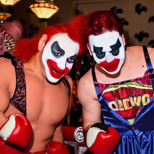 Prompt: clowns boxing matching, clown makeup, clowns, clowns boxing, punching, hbo showtime boxing