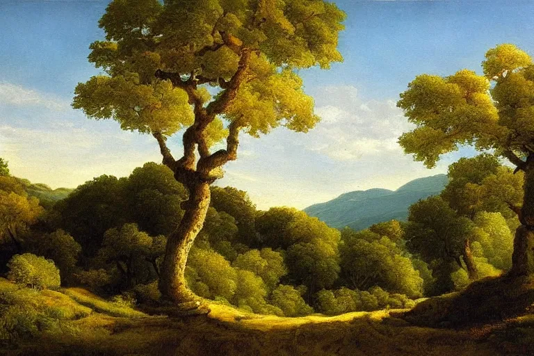 Image similar to masterpiece painting of oak trees on a hillside overlooking a creek, dramatic lighting, by lemoine fitzgerald