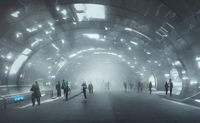 Prompt: Futuristic cyber subway station , gloomy and foggy atmosphere, octane render, artstation trending, horror scene, highly detailded